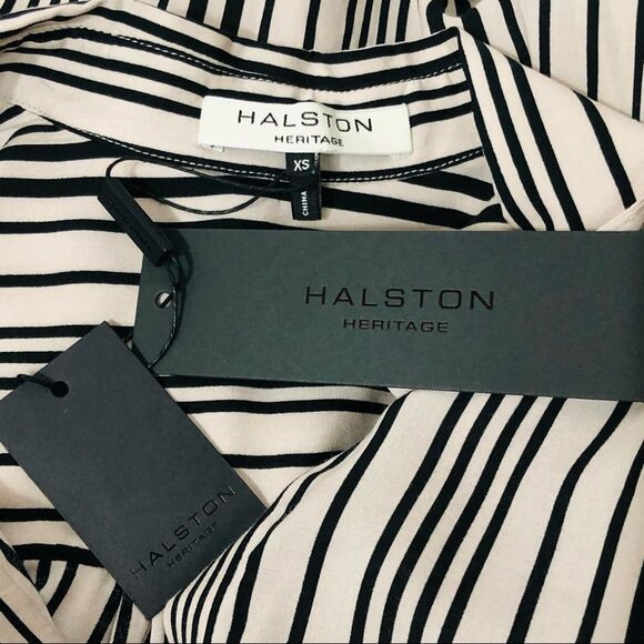 Halston Heritage Smocked Detail Bell Sleeve Striped Button Up Blouse Top XS - Picture 11 of 14